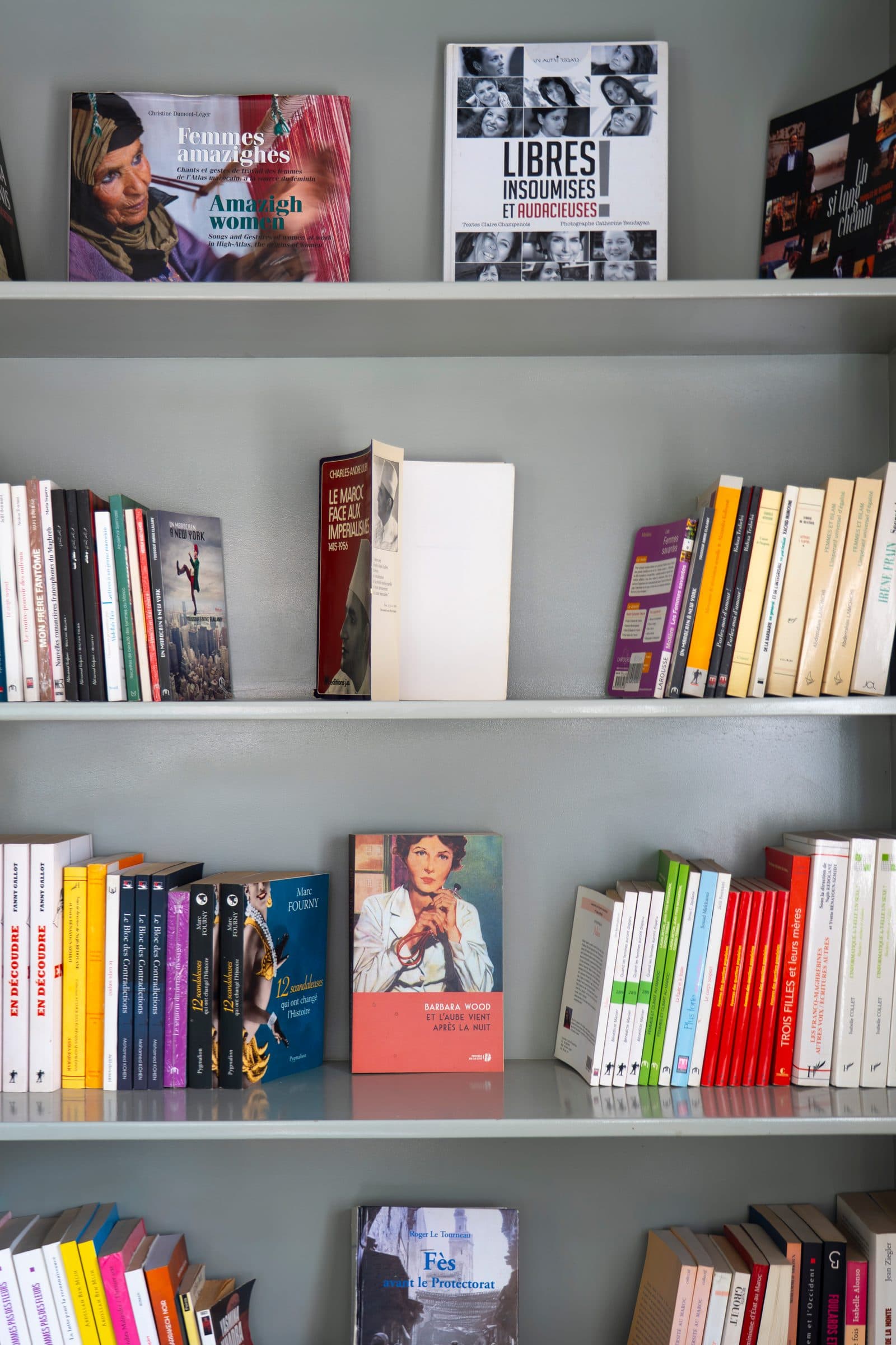 Une étagère : « Femmes amazighes », « Libres, insoumises et audacieuses »