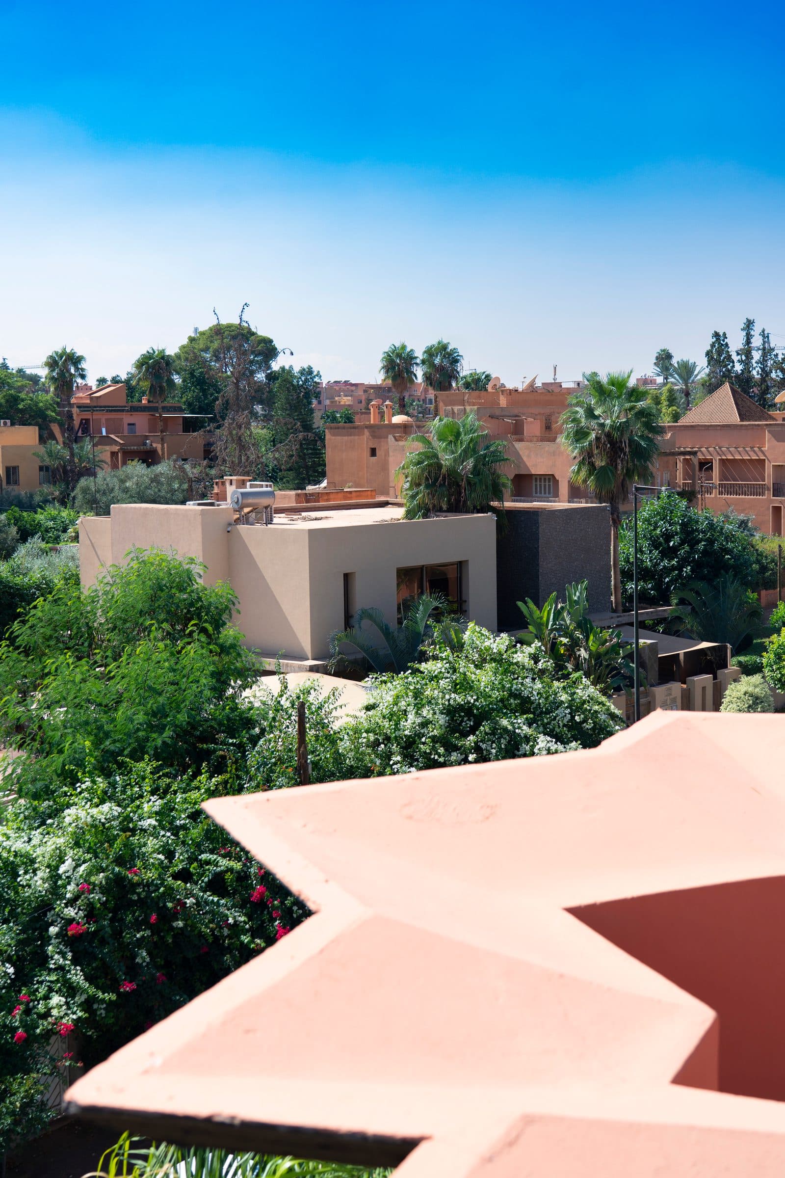 Vue du toit sur les maisons et les palmiers de Semlalia